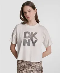 ダナ キャラン ニューヨーク レディース トップス Tシャツ クルーネック ロゴ DKNY Sport Womens Ombre Rhinestone Logo Crewneck TShirt Eggのサムネイル