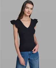 カール ラガーフェルド レディース アウター ニット・セーター Vネック キャップスリーブ キャップ KARLAGERFELD PARIS Womens VNeck Flutter CapSleeveのサムネイル