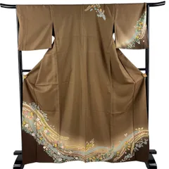 訪問着 身丈168.5cm 裄丈68cm L 単衣 辻が花柄 金彩 ぼかし 茶色 正絹 秀品 【中古】のサムネイル