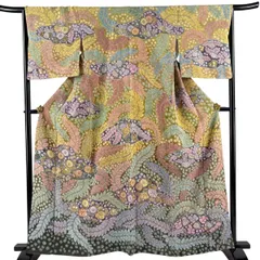 訪問着 身丈162cm 裄丈66cm M 袷 樋熊哲也 落款 辻が花 銀通し ぼかし 黄土色 正絹 逸品 【中古】のサムネイル