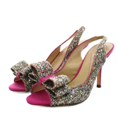 ケイトスペード KATE SPADE サンダル ストラップ リボン グリッター ヒール 5.5 マルチカラー ピンク シルバー色 緑 グリーン /AN35のサムネイル
