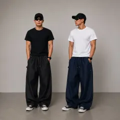 新品 2パック) リベット ヘマー ループ ワイド デニム パンツ (ブラックデニム インディゴデニム)のサムネイル