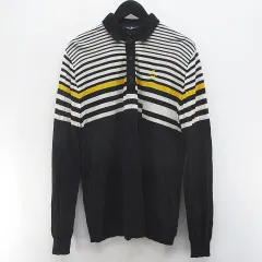 マンシングウェア MUNSINGWEAR ボーダー柄 長袖 ニット セーター 薄手 L 紺系 ネイビー ハーフボタン ロゴ 刺繍 リブ 日本製のサムネイル