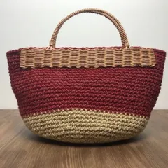 持ち手ラタンの麻紐トートバッグ【マルシェ】ツートンレッド×ベージュ