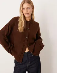 エイソス レディース アウター カーディガン シャツ ニット ASOS DESIGN knit collared cardigan shirt with seam detailing in chocoのサムネイル