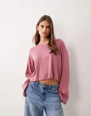 エイソス レディース トップス Tシャツ ASOS DESIGN lettuce hem long sleeve tshirt in dusty PINK ピンクのサムネイル