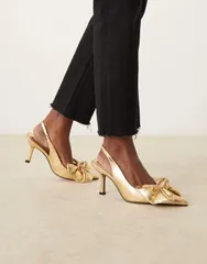 エイソス レディース シューズ ヒール ASOS DESIGN Saffron bow detail mid heeled shoes GOLD ゴールドのサムネイル