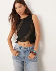 エイソス レディース トップス タンクトップ レース ASOS DESIGN crinkle lace mix tank top Black ブラックのサムネイル