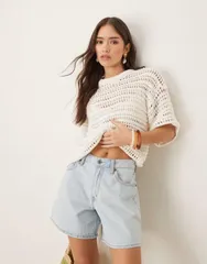 エイソス レディース トップス Tシャツ ASOS DESIGN relaxed short sleeve mock crochet stitch tshirt in cream Cream クリームのサムネイル