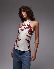 トップショップ レディース トップス タンクトップ プリント リネン ホルター Topshop linen halter top in leaf print Multi マルチカラーのサムネイル