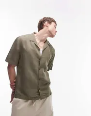 トップマン メンズ トップス シャツ リネン Topman short sleeve linen blend shirt Khaki カーキのサムネイル
