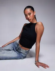 エイソス レディース トップス タンクトップ ASOS DESIGN double layer 90s boat neck strappy top Black ブラックのサムネイル