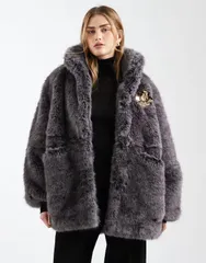 エイソス レディース アウター コート ヴィンテージャケット ASOS DESIGN vintage 80s faux fur jacket with gold brooch detailingrayのサムネイル