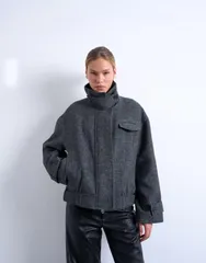 トップショップ レディース アウター コート ウール ジャケット Topshop wool blend bomber jacket with tab detail in charcoal charcoのサムネイル