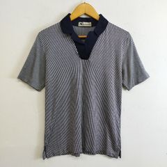 Aquascutum アクアスキュータム ポロシャツ 半袖 スキッパー ストライプ 総柄 コットン 日本製 古着 VINTAGE ネイビー 9 G724