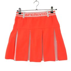 美品】アルチビオ ニットプリーツスカート 蛍光オレンジ×白 ストレッチ