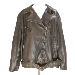 エイチ&エム H&M Divided ディバイデッド ライダースジャケット フェイクレザー ジップアップ ベルト クラッシュ加工 L 茶 ブラウン /Xのサムネイル