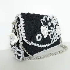 【美品！】インゲボルグ★ロゴ入りくしゅくしゅリボンが可愛い♪ ショルダーバッグ フラワーモチーフ チェーンストラップ 黒・シルバー系 ba267のサムネイル