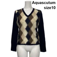 ◆ アクアスキュータム Aquascutum Vネックセーター ニット 長袖 アーガイル柄 シャギー ネイビー モヘア 絹 10 S 7号 レディース S6I420のサムネイル
