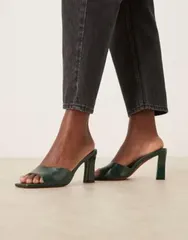 エイソス レディース シューズ サンダル ヒール ASOS DESIGN Harp mid heel mules in dark GREEN グリーンのサムネイル