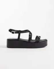 エイソス レディース シューズ サンダル ASOS DESIGN Fleetwood strappy flat sandals Black ブラックのサムネイル