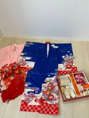 クリーニング済み　「七五三 7歳 女の子 着物 フルセット 青 花柄 帯 草履 小物 753　0731-13のサムネイル