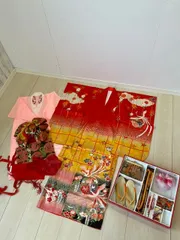 クリーニング済み　　七五三 7歳 女の子 着物 フルセット 赤 金 花柄 作り帯 草履 小物 753　0731-12のサムネイル