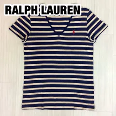 【美品】 RALPH LAUREN SPORT ラルフローレン 刺繍ポニー ボーダー VネックTシャツ サイズS ネイビー×ベージュ 着丈59cm 肩幅37cm 身幅(脇下)41cm 袖丈15cm【古着】のサムネイル