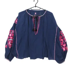 MACPHEE マカフィー ブラウス トップス 刺繍 長袖 コットン リネン アジアン エスニックファッション キーネック ドローストリング タッセル チロリアンテープ ネイビー 36【M】 レディース 【中古】のサムネイル