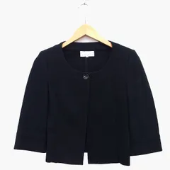 エムプルミエ M-Premier ノーカラー ジャケット 丸首 七分袖 ショート丈 綿混 無地 シンプル タック 肩パット 38 ブラック 黒 /HT30のサムネイル