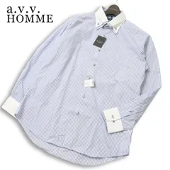 【新品 未使用】 a.v.v. HOMME アーヴェヴェオム 二重襟 長袖 ストライプ ボタンダウン シャツ 大きいサイズ Sz.LL メンズのサムネイル