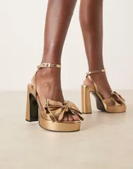 エイソス レディース シューズ サンダル プラットフォーム ヒール ASOS DESIGN Nala oversized bow platform heel sandals GOLD ゴールドのサムネイル