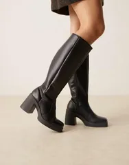 エイソス レディース シューズ ブーツ・レインブーツ ヒール ASOS DESIGN Coraline square toe heeled knee boots PU Black ブラックのサムネイル