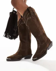エイソス レディース シューズ ブーツ・レインブーツ スエード ブーツ ASOS DESIGN Celeste flat western knee boots in choc faux suede Cのサムネイル