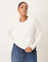 エイソス レディース トップス Tシャツ クルーネック ASOS Curve ASOS DESIGN Curve rib crew neck long sleeve top in cream クリームのサムネイル