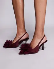 エイソス レディース シューズ ヒール ASOS DESIGN Sunrise corsage slingback mid heeled shoes Burgundy バーガンディのサムネイル