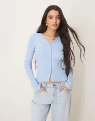 エイソス レディース アウター カーディガン Vネック リブ ASOS DESIGN button front v neck ribbed cardigan with frill in light Lのサムネイル