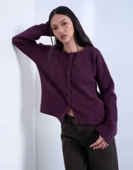 トップショップ レディース アウター カーディガン リブ ニット Topshop knit easy ribbed relaxed cardigan in plum プラムのサムネイル