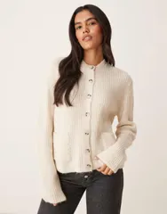 エイソス レディース アウター カーディガン ウール ニット ASOS DESIGN knit cardigan with patch pockets with wool in ecru Ecru エのサムネイル