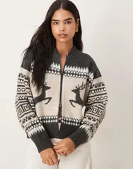 エイソス レディース アウター カーディガン ASOS DESIGN reindeer Fairisle bomber cardigan Gray グレーのサムネイル