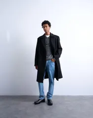 トップマン メンズ アウター コート ウール Topman double breasted wool blend overcoat Black ブラックのサムネイル