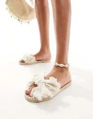 エイソス レディース シューズ サンダル ASOS DESIGN Wide Fit Jem bow espadrille mule sandals in natural NATURALのサムネイル