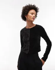 エイソス レディース トップス Tシャツ ASOS DESIGN velour long sleeve button up top Black ブラックのサムネイル