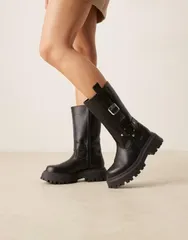 エイソス レディース シューズ ブーツ・レインブーツ ASOS DESIGN Chalice chunky buckle knee boots BLACK PU ブラックのサムネイル