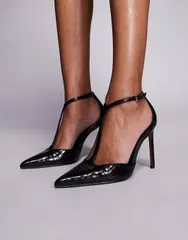 エイソス レディース シューズ ヒール ASOS DESIGN Wide Fit Prime T bar higheeled shoes croc BLACK CROC ブラックのサムネイル