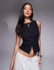 エイソス レディース トップス Tシャツ リブ ASOS DESIGN wide neck ribbed button through tank top Black ブラックのサムネイル