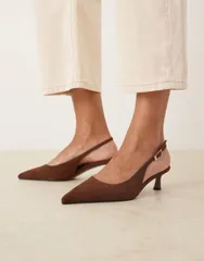 エイソス レディース シューズ ヒール スエード ASOS DESIGN Skip slingback kitten heel shoes in chocolate suedette CHOCOLATのサムネイル