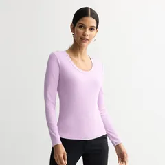 ナインウェスト レディース トップス Tシャツ Womens Nine West Long Sleeve Scoopneck Rib Shirt Botanicalilac ライラックのサムネイル