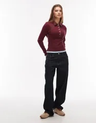 エイソス レディース トップス Tシャツ ポロシャツ ASOS DESIGN double layer collared button front polo top and light BURGUNDのサムネイル