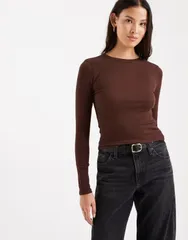 エイソス レディース トップス Tシャツ リブニット クルーネック ニット ASOS DESIGN rib knit crew neck long sleeve top in chocolate チョのサムネイル
